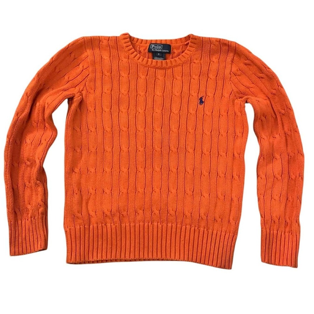 Polo Ralph Lauren Sweater Kids 6 Orange Excellent Cable Knit Cotton Preppy Core